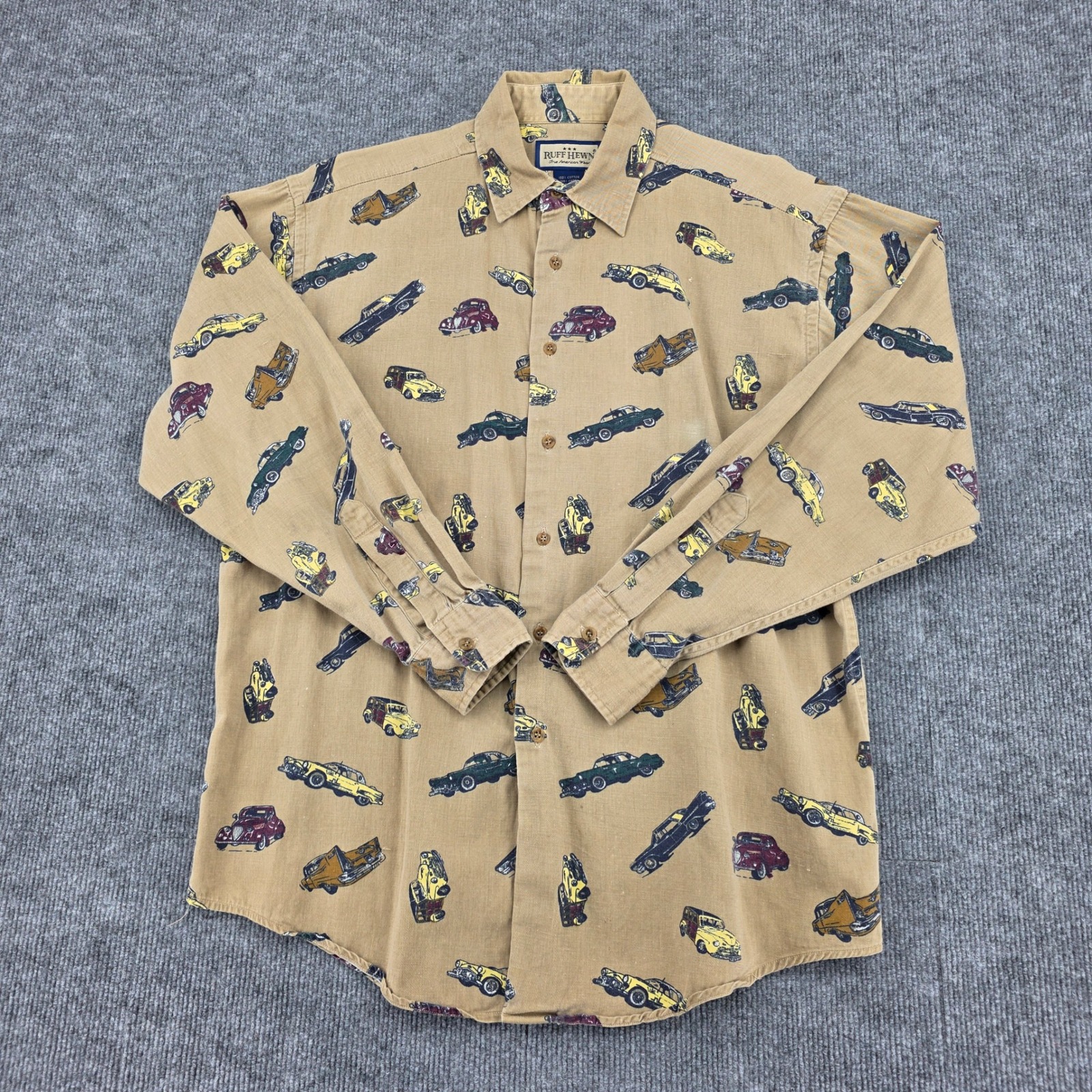 Ruff Hewn Mens Vintage Classic Car Print Cotton Twill Button Down Shirt Tan M